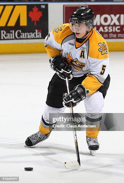 Nathan Chiarlitti of the Sarnia Sting makes a pass in a game against the London Knights on March 10, 2010 at the John Labatt Centre in London,...