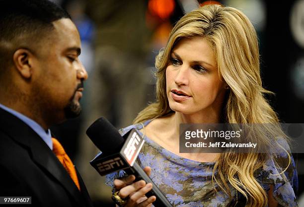 Personality Erin Andrews interviews Frank Haith, head coach of the University of Miami Hurricanes after a win over the Virginia Tech Hokies in their...