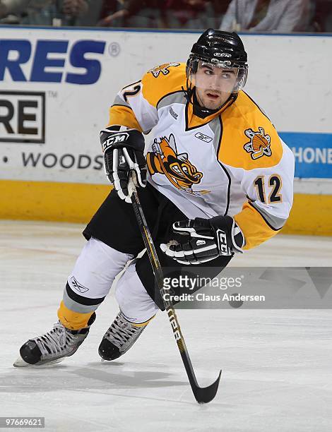 Braden Kavaratzis of the Sarnia Sting skates in a game against the London Knights on March 10, 2010 at the John Labatt Centre in London, Ontario. The...