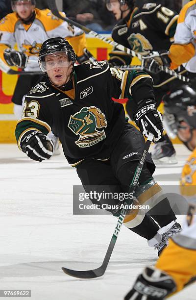 Stephen Sanza of the London Knights defends on the penalty kill in a game against the Sarnia Sting on March 10, 2010 at the John Labatt Centre in...