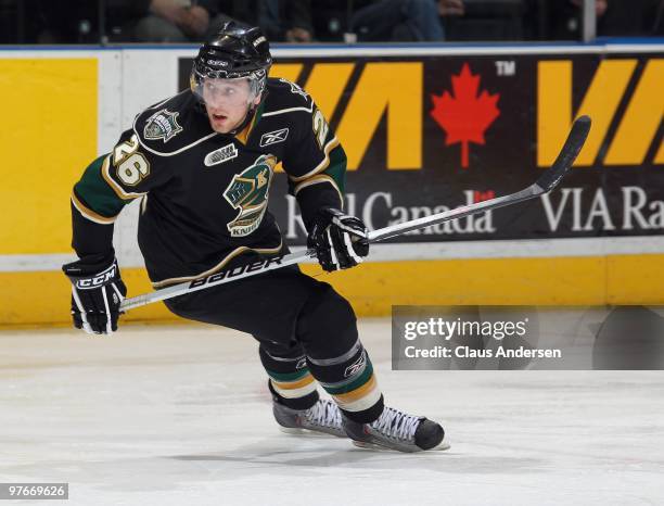 Colin Martin of the London Knights skates in a game against the Sarnia Sting on March 10, 2010 at the John Labatt Centre in London, Ontario. The...