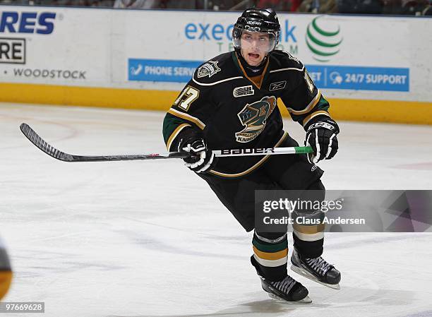 Seth Griffith of the London Knights skates in a game against the Sarnia Sting on March 10, 2010 at the John Labatt Centre in London, Ontario. The...