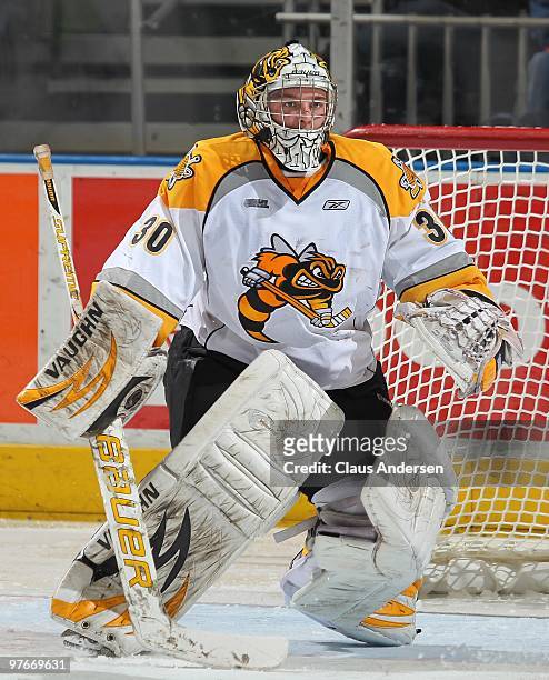 Shayne Campbell of the Sarnia Sting keeps an eye on the play in a game against the London Knights on March 10, 2010 at the John Labatt Centre in...