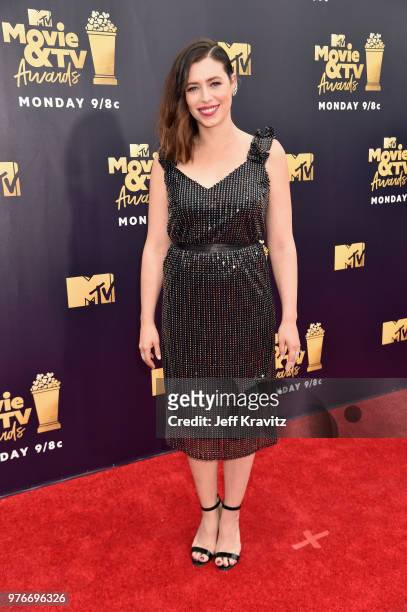 Actor Lauren Miller attends the 2018 MTV Movie And TV Awards at Barker Hangar on June 16, 2018 in Santa Monica, California.
