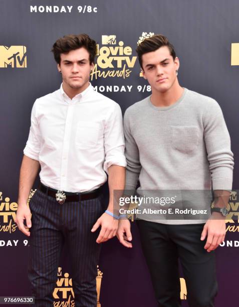 Internet personalities Ethan Dolan and Grayson Dolan attend the 2018 MTV Movie And TV Awards at Barker Hangar on June 16, 2018 in Santa Monica,...