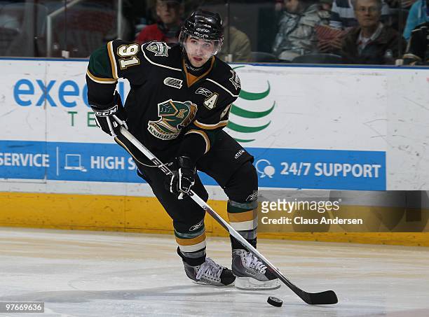 Nazem Kadri of the London Knights skates with the puck in a game against the Sarnia Sting on March 10, 2010 at the John Labatt Centre in London,...