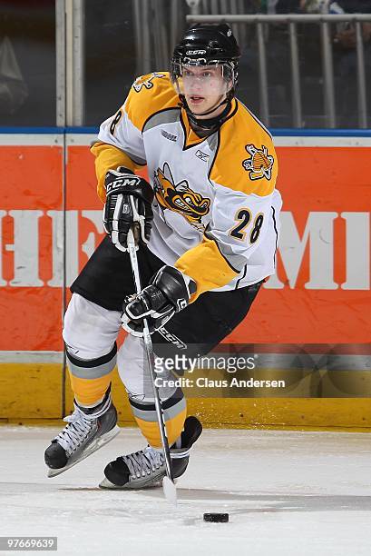 Miroslav Preisinger of the Sarnia Sting skates with the puck in a game against the London Knights on March 10, 2010 at the John Labatt Centre in...