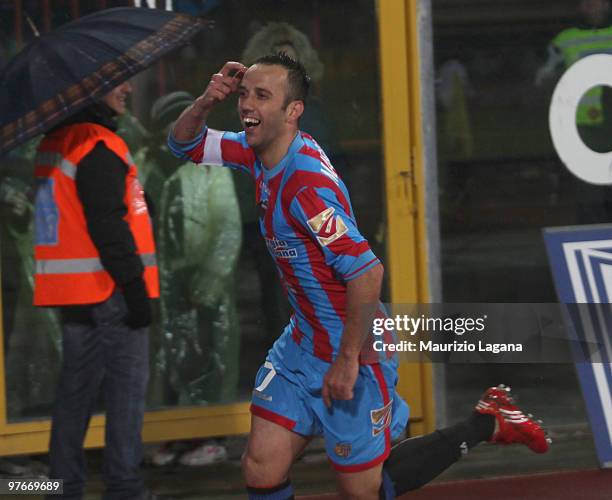 Giuseppe Mascara of Catania Calcio celebrates a goal during the Serie A match between Catania Calcio and FC Internazionale Milano at Stadio Angelo...