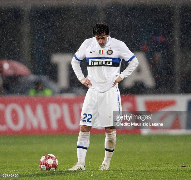 Diego Milito of FC Internazionale Milano shows his dejection during the Serie A match between Catania Calcio and FC Internazionale Milano at Stadio...