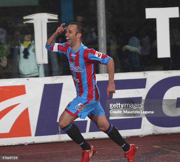Giuseppe Mascara of Catania Calcio celebrates a goal during the Serie A match between Catania Calcio and FC Internazionale Milano at Stadio Angelo...