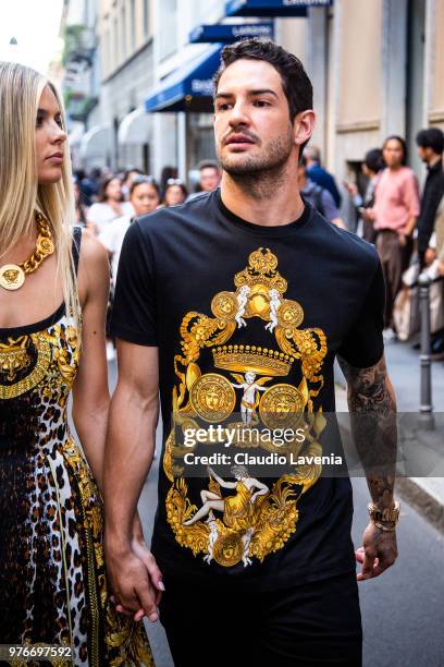 Alexandre Pato, wearing Versace t shirt, is seen in the streets of Milan before the Versace show, during Milan Men's Fashion Week Spring/Summer 2019...