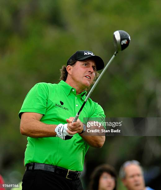 Phil Mickelson hits from the fifth tee box during the second round of the World Golf Championships-CA Championship at Doral Golf Resort and Spa on...