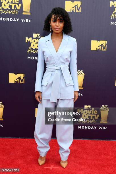 Actor Yara Shahidi attends the 2018 MTV Movie And TV Awards at Barker Hangar on June 16, 2018 in Santa Monica, California.