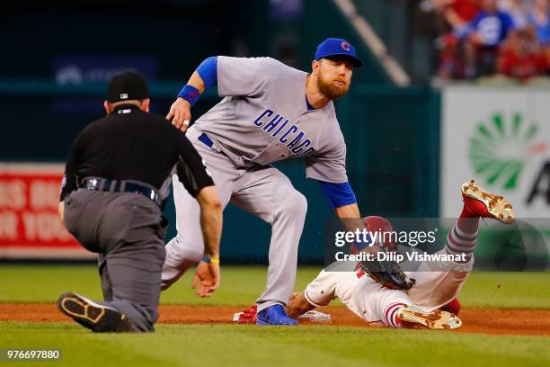 Tommy Pham of the St. Louis Cardinals is caught stealing second base by Ben Zobrist of the Chicago Cubs in the third inning at Busch Stadium on June...