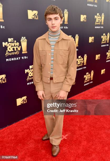 Actor Miles Heizer attends the 2018 MTV Movie And TV Awards at Barker Hangar on June 16, 2018 in Santa Monica, California.