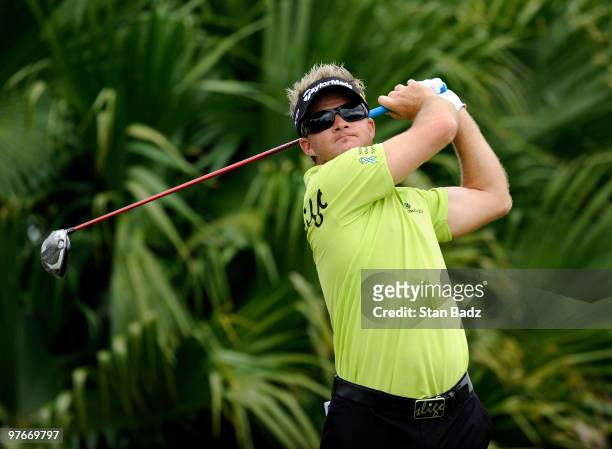 Brian Gay hits a drive during the second round of the World Golf Championships-CA Championship at Doral Golf Resort and Spa on March 12, 2010 in...