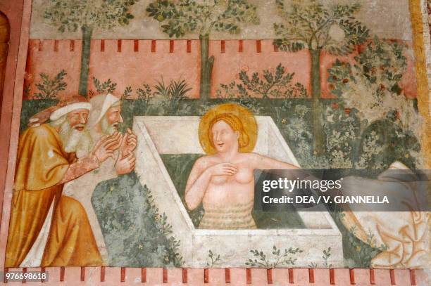 Susanne bathing, fresco of the Master of the Pavilions, cathedral of Spilimbergo, Friuli-Venezia Giulia, Italy, 14th century.