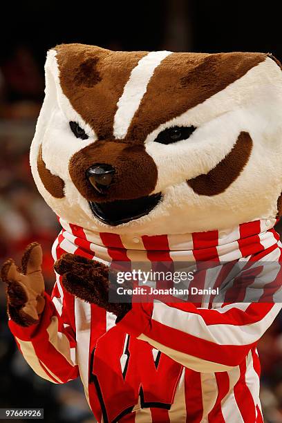 Bucky Badger, mascot of the Wisconsin Badgers performs during the game against the Illinois Fighting Illini in the quarterfinals of the Big Ten Men's...