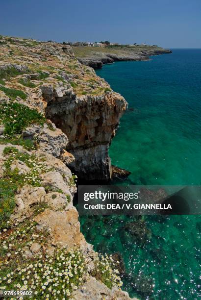 View of the Ionian coast from the Grotta della Stalla with Punta Ristola in the background, near Santa Maria di Leuca, Apulia, Italy.