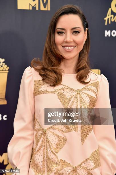 Actor Aubrey Plaza attends the 2018 MTV Movie And TV Awards at Barker Hangar on June 16, 2018 in Santa Monica, California.