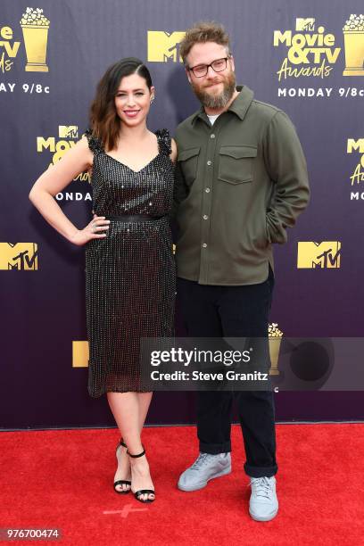 Actor Seth Rogen and Lauren Miller attend the 2018 MTV Movie And TV Awards at Barker Hangar on June 16, 2018 in Santa Monica, California.