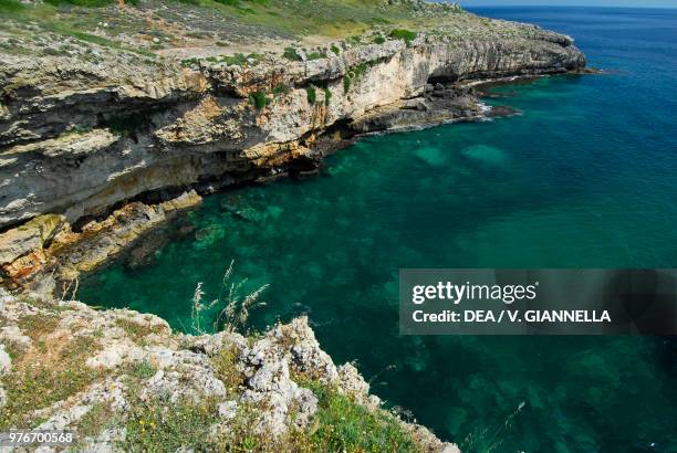 View of the Ionian coast west of Punta Ristola, Santa Maria di Leuca, Apulia, Italy.