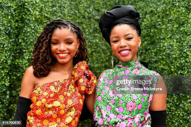 Recording artists Chloe Bailey and Halle Bailey R&B duo Chloe X Halle attend the 2018 MTV Movie And TV Awards at Barker Hangar on June 16, 2018 in...