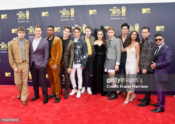 Cast of '13 Reasons Why' attends the 2018 MTV Movie And TV Awards at Barker Hangar on June 16, 2018 in Santa Monica, California.