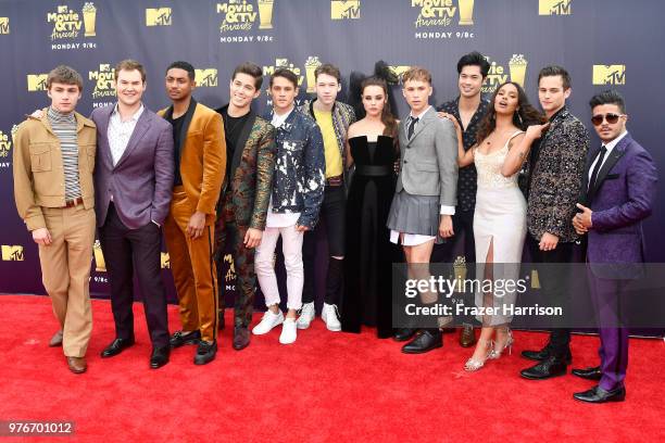 Cast of '13 Reasons Why' attends the 2018 MTV Movie And TV Awards at Barker Hangar on June 16, 2018 in Santa Monica, California.