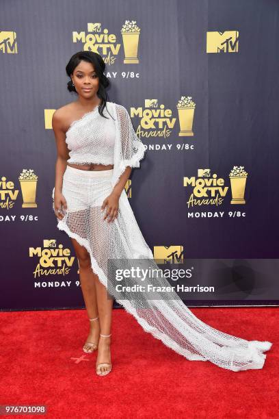 Actor Ajiona Alexus attends the 2018 MTV Movie And TV Awards at Barker Hangar on June 16, 2018 in Santa Monica, California.