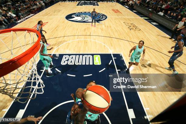 Alexis Jones of the Minnesota Lynx reaches for the ball against the New York Liberty on June 16, 2018 at Target Center in Minneapolis, Minnesota....