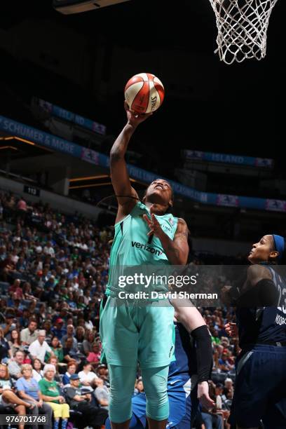 Shavonte Zellous of the New York Liberty shoots the ball against the Minnesota Lynx on June 16, 2018 at Target Center in Minneapolis, Minnesota. NOTE...