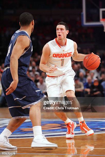 Andy Rautins of the Syracuse Orange handles the ball during the quarterfinal of the 2010 NCAA Big East Tournament at Madison Square Garden on March...