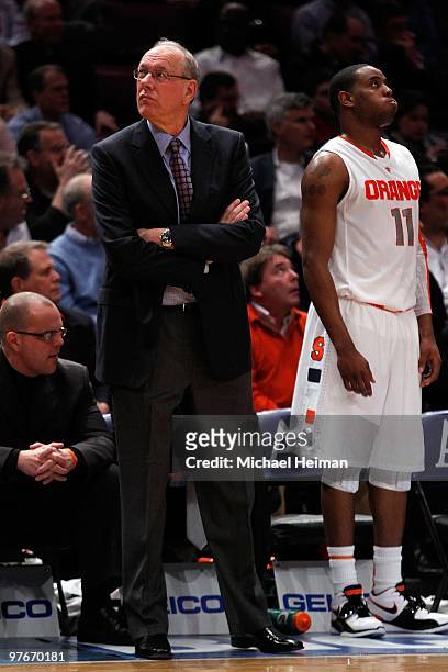 Head coach Jim Boeheim and Scoop Jardine of the Syracuse Orange look on from the sidelines during the quarterfinal of the 2010 NCAA Big East...
