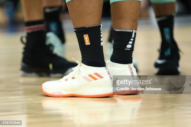 Sneakers of Shavonte Zellous of the New York Liberty seen during the game against the Minnesota Lynx on June 16, 2018 at Target Center in...