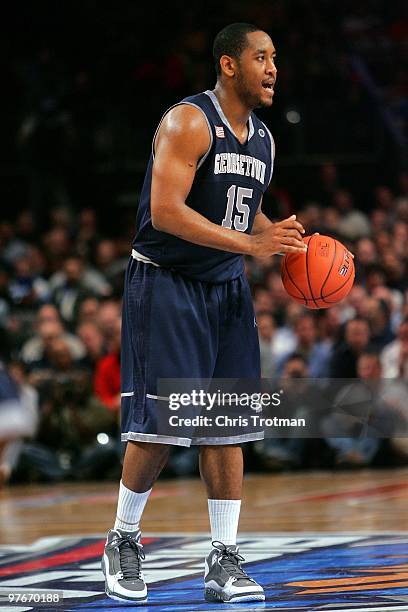 Austin Freeman of the Georgetown Hoyas handles the ball against the Syracuse Orange during the quarterfinal of the 2010 NCAA Big East Tournament at...