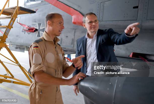 Governing Mayor of Berlin and President of the Bundesrat Michael Mueller and pilot Stefan G. Inspect a German Panavia Tornado jet fighter during a...