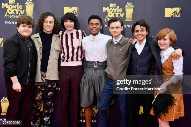 Actors Jeremy Ray Taylor, Wyatt Oleff, Finn Wolfhard, Chosen Jacobs, Jaeden Lieberher, Jack Dylan Grazer, and Sophia Lillis attend the 2018 MTV Movie...