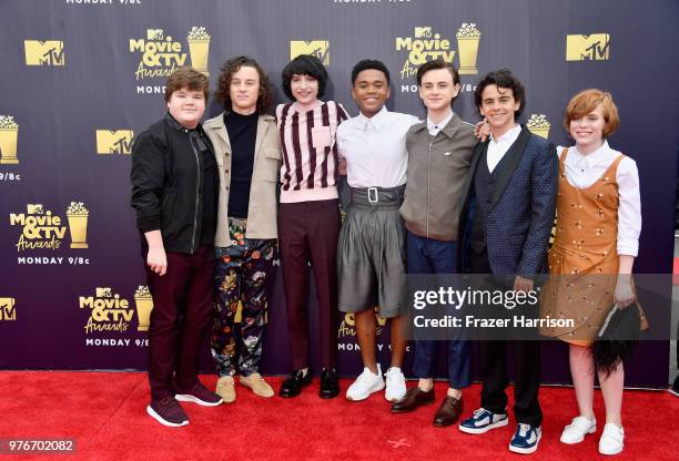 Actors Jeremy Ray Taylor, Wyatt Oleff, Finn Wolfhard, Chosen Jacobs, Jaeden Lieberher, Jack Dylan Grazer, and Sophia Lillis attend the 2018 MTV Movie...