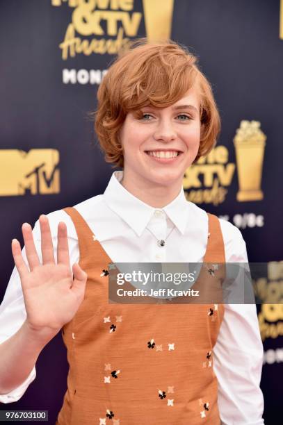 Actor Sophia Lillis attends the 2018 MTV Movie And TV Awards at Barker Hangar on June 16, 2018 in Santa Monica, California.