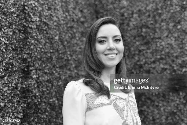 Actor Aubrey Plaza attends the 2018 MTV Movie And TV Awards at Barker Hangar on June 16, 2018 in Santa Monica, California.