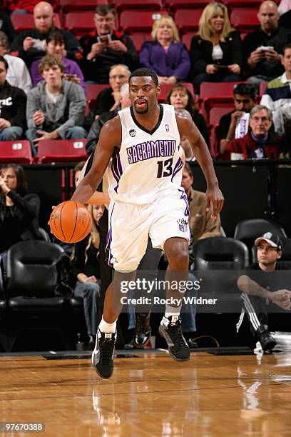 Tyreke Evans of the Sacramento Kings drives the ball up court during the game against the Charlotte Bobcats on January 30, 2010 at Arco Arena in...