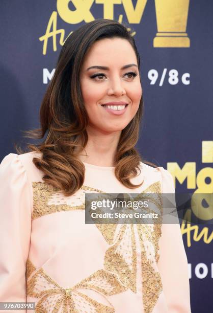 Actor Aubrey Plaza attends the 2018 MTV Movie And TV Awards at Barker Hangar on June 16, 2018 in Santa Monica, California.