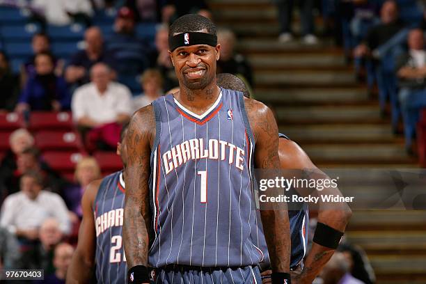 Stephen Jackson of the Charlotte Bobcats smiles during the game against the Sacramento Kings on January 30, 2010 at Arco Arena in Sacramento,...