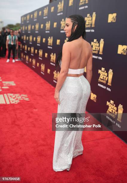 Personality Kim Kardashian attends the 2018 MTV Movie And TV Awards at Barker Hangar on June 16, 2018 in Santa Monica, California.