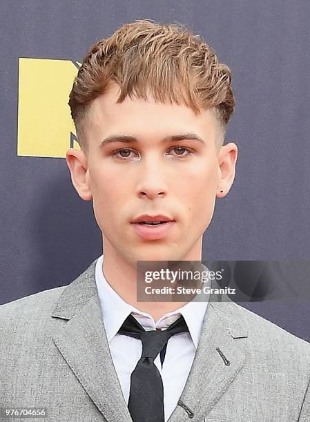 Tommy Dorfman attends the 2018 MTV Movie And TV Awards at Barker Hangar on June 16, 2018 in Santa Monica, California.