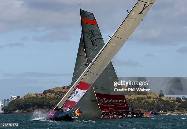 Emirates Team New Zealand tacks in front of All4One from France and Germany during the Louis Vuitton Trophy at Waitemata Harbour on March 11, 2010 in...