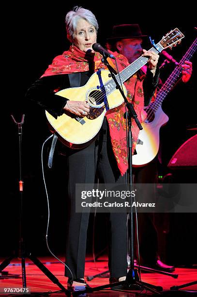 Singer Joan Baez performs on stage at the "Palacio de Congresos" on March 12, 2010 in Madrid, Spain.