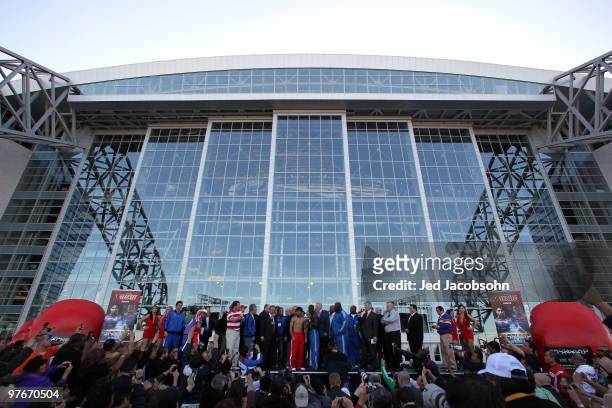 Manny Pacquiao of the Philippines and Joshua Clottey of Ghana pose after the weigh-in for their WBO welterweight title fight outside Cowboys Stadium...