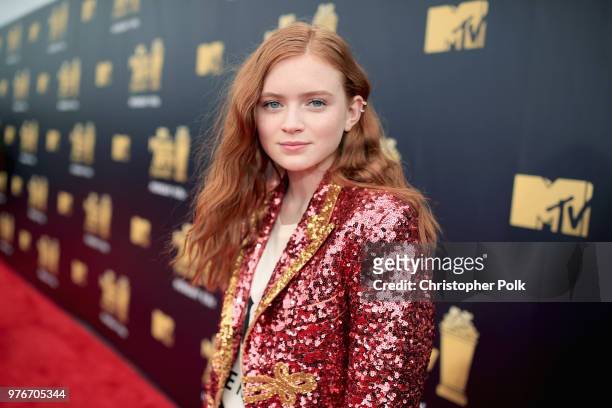 Actor Sadie Sink attends the 2018 MTV Movie And TV Awards at Barker Hangar on June 16, 2018 in Santa Monica, California.